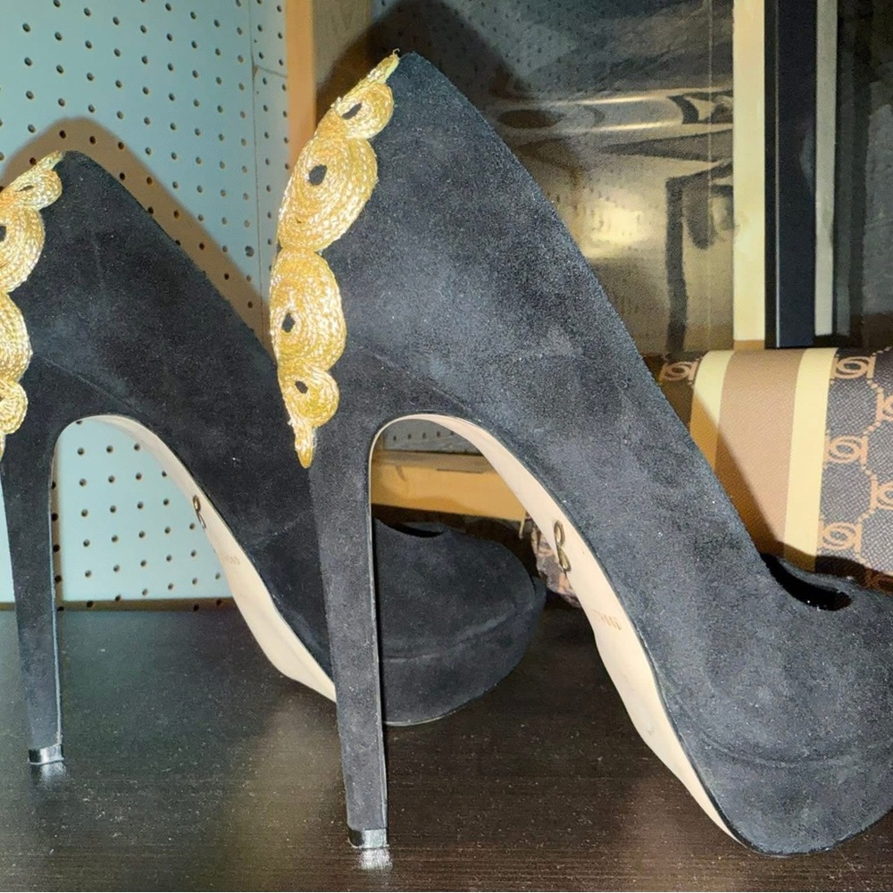 Brian Atwood Black and Gold Stiletto Heels